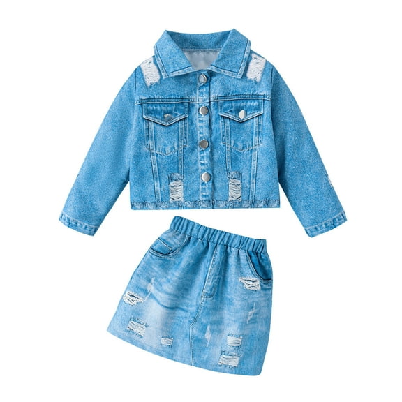 Elainilye Fashion Girls Dresses Imitation Denim Skirt Suit Buttons Lapel Holes Denim Jacket with Skirt Set, Sizes 4-8 Years