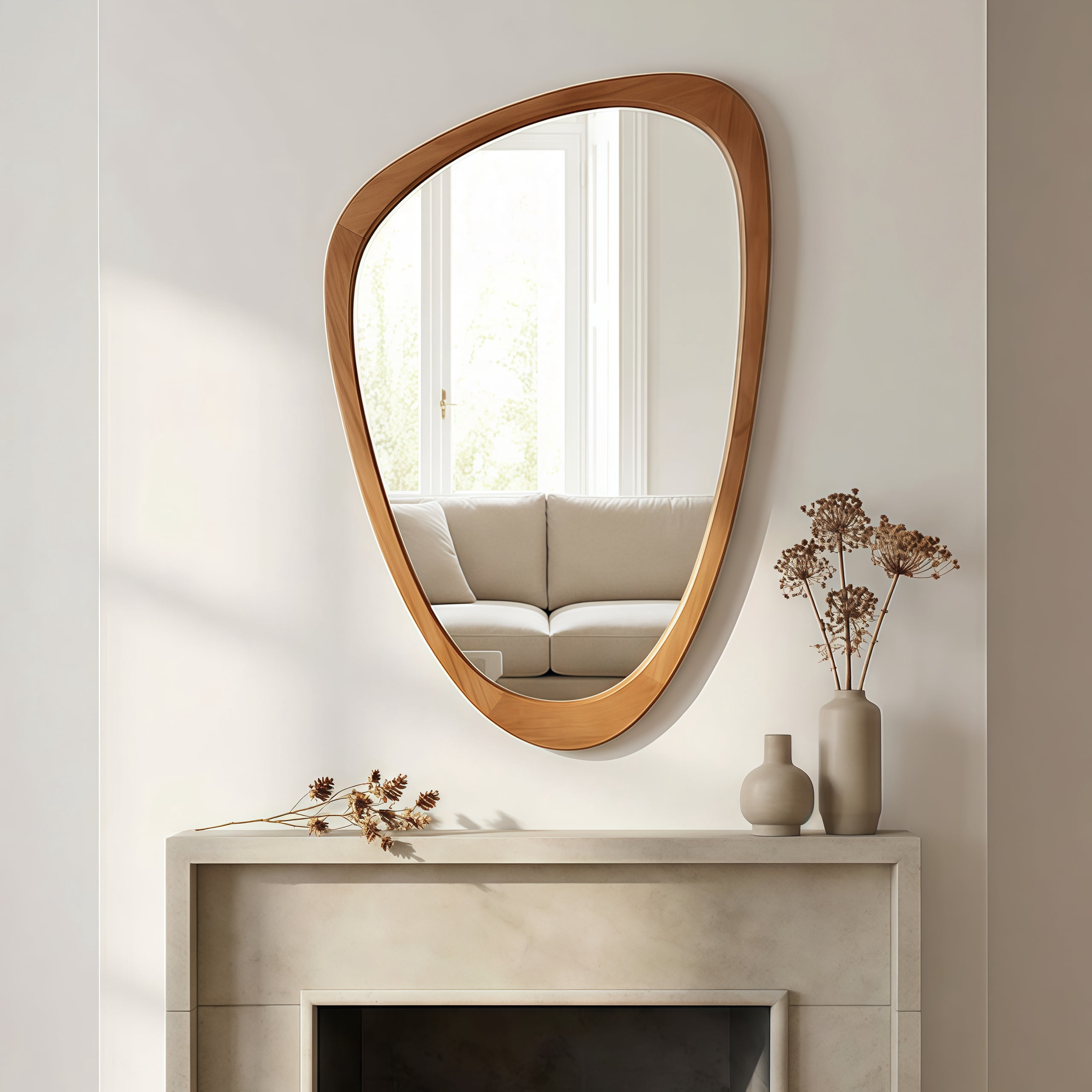24x36-Inch Irregular Solid Wood Frame Mirror, Decorative Wall Mirror and Vanity Mirror for Bedroom Bathroom Living Room Entryway, Yellowish Brown