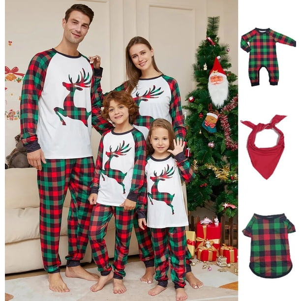 Conjunto de pijama con estampado de alce navideño, traje de padre e hijo, Top de manga larga con cuello redondo y pantalones a rayas a cuadros, ropa de dormir y de estar por casa xuanjing unisex