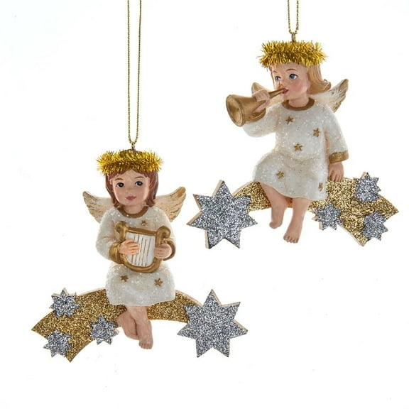 Kurt Adler 3.5" Gold and Silver German Angels on Shooting Star Christmas Ornaments, 2-Piece Set