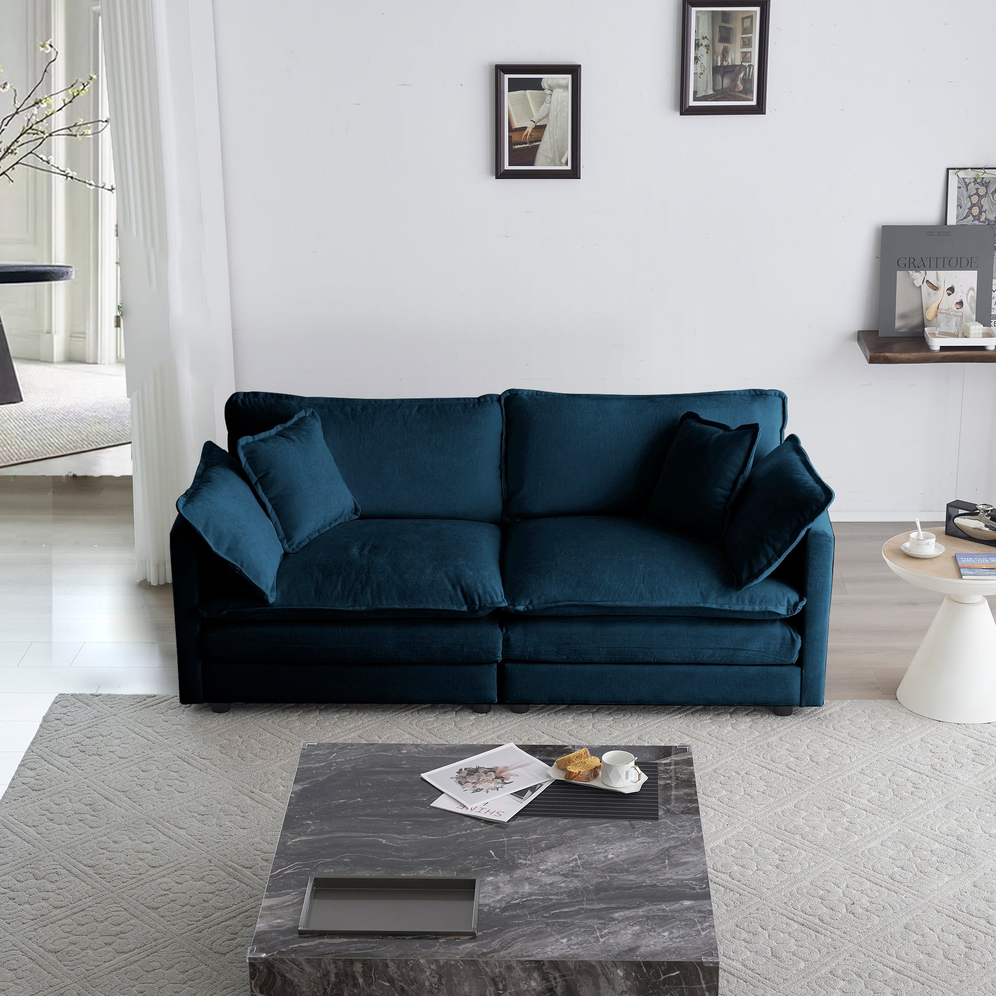 GNIXUU 2 Piece Chenille Cloud Couches Set,2 Piece Modern Loveseat Couch Set Living Room Furniture Set for Apartment Office,Blue