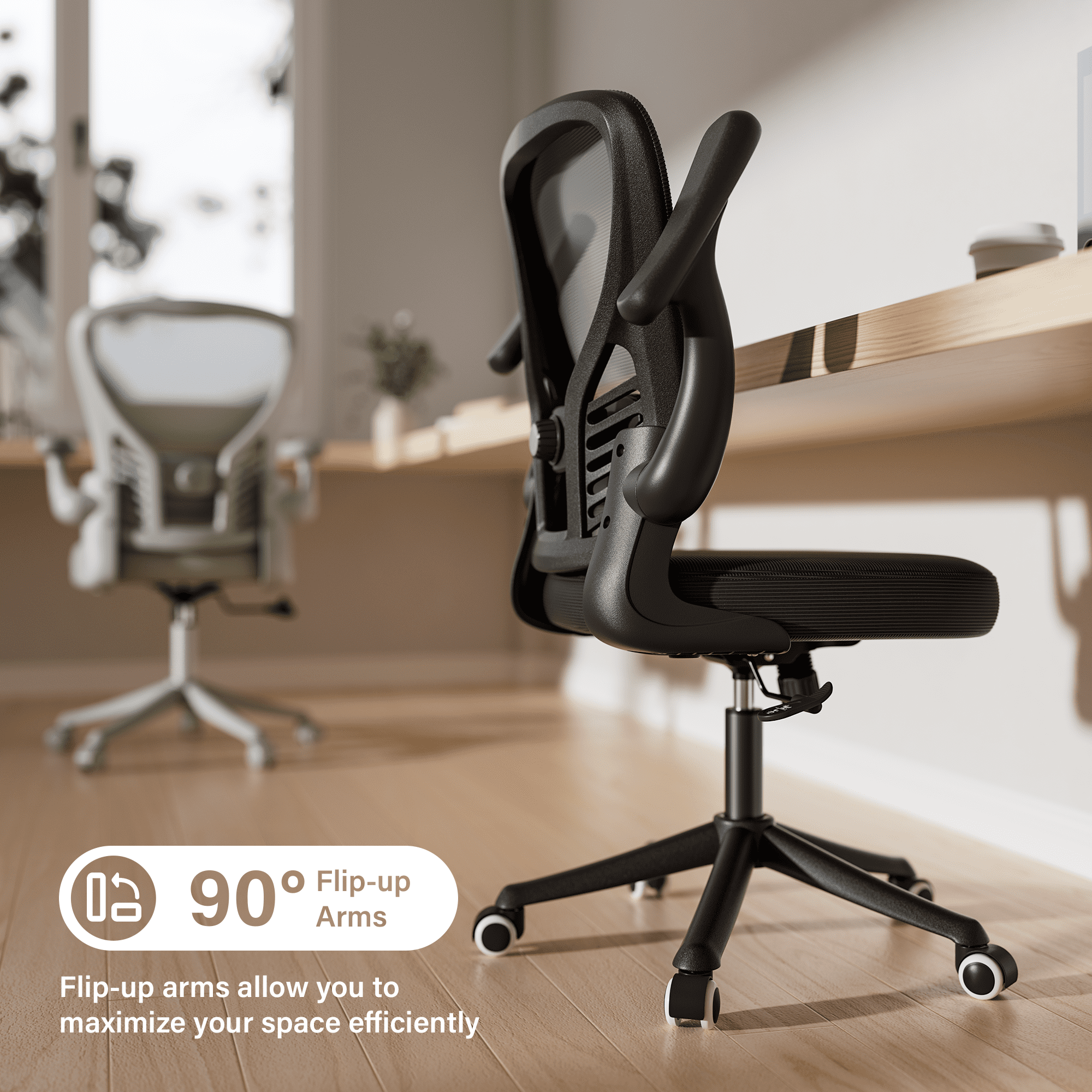 Solfway Black Mesh Computer Desk Chair, Ergonomic Mesh Office Chairs with Adjustable Lumbar Support, Height, 3D Flip-up Arms, Wheels, Rocking Function