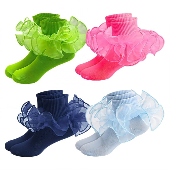 TELOLY 4Pairs Kids Socks,8-10 Years Old Ruffle Socks,Girly Elegance Socks Lace Socks,Style1,20-22Cm