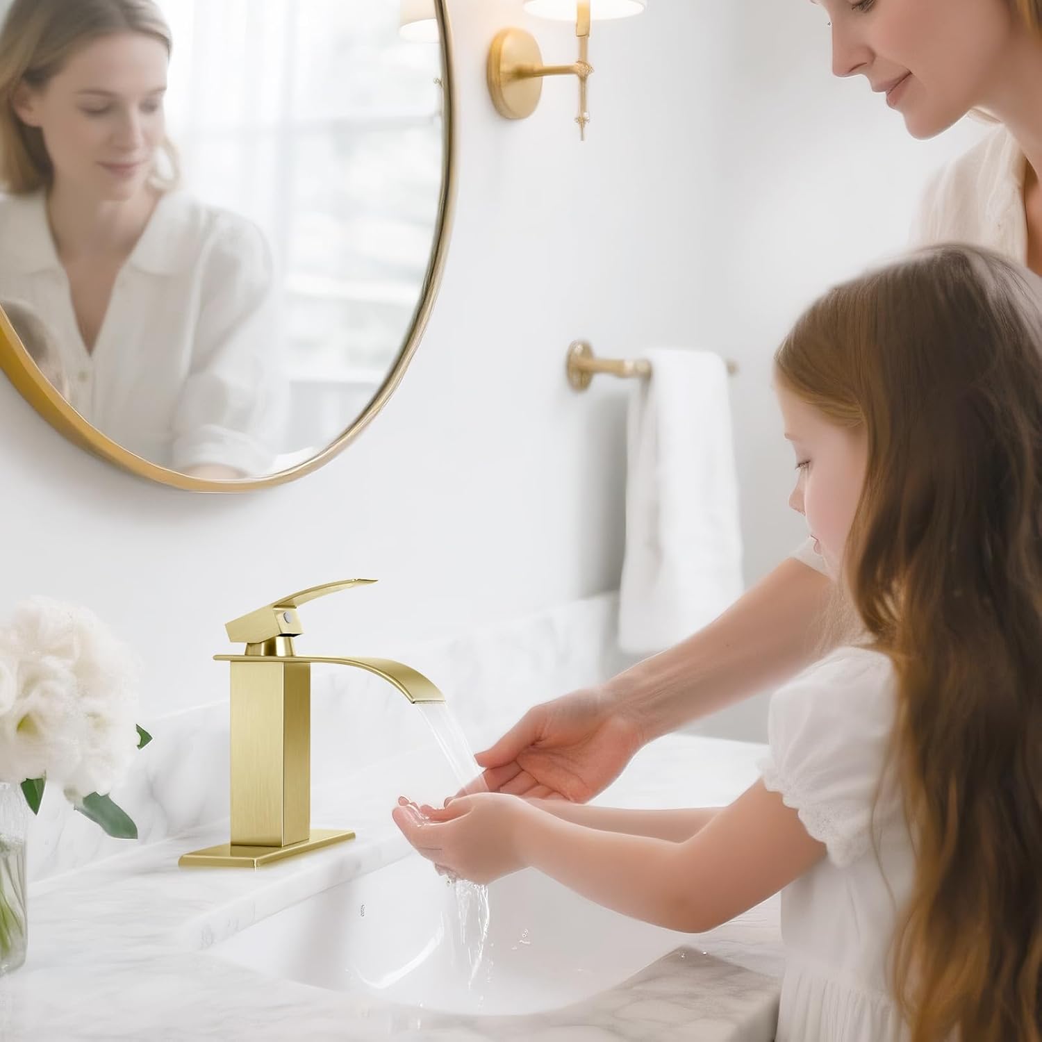 Brushed Gold Bathroom Faucets, Waterfall Bathroom Sink Faucet Modern Single Handle Bathroom Faucte 1 or 3 Hole, RV Mixer Tap Vanity Faucet - Includes Pop-up Drain Supply Hoses Deck Plate