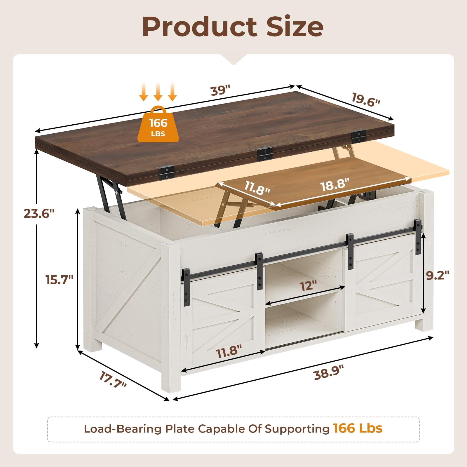 Lift Top Coffee Table with Hidden Storage Compartment, 4 in 1 Farmhouse Coffee Table with 4 Sliding Barn Doors, White