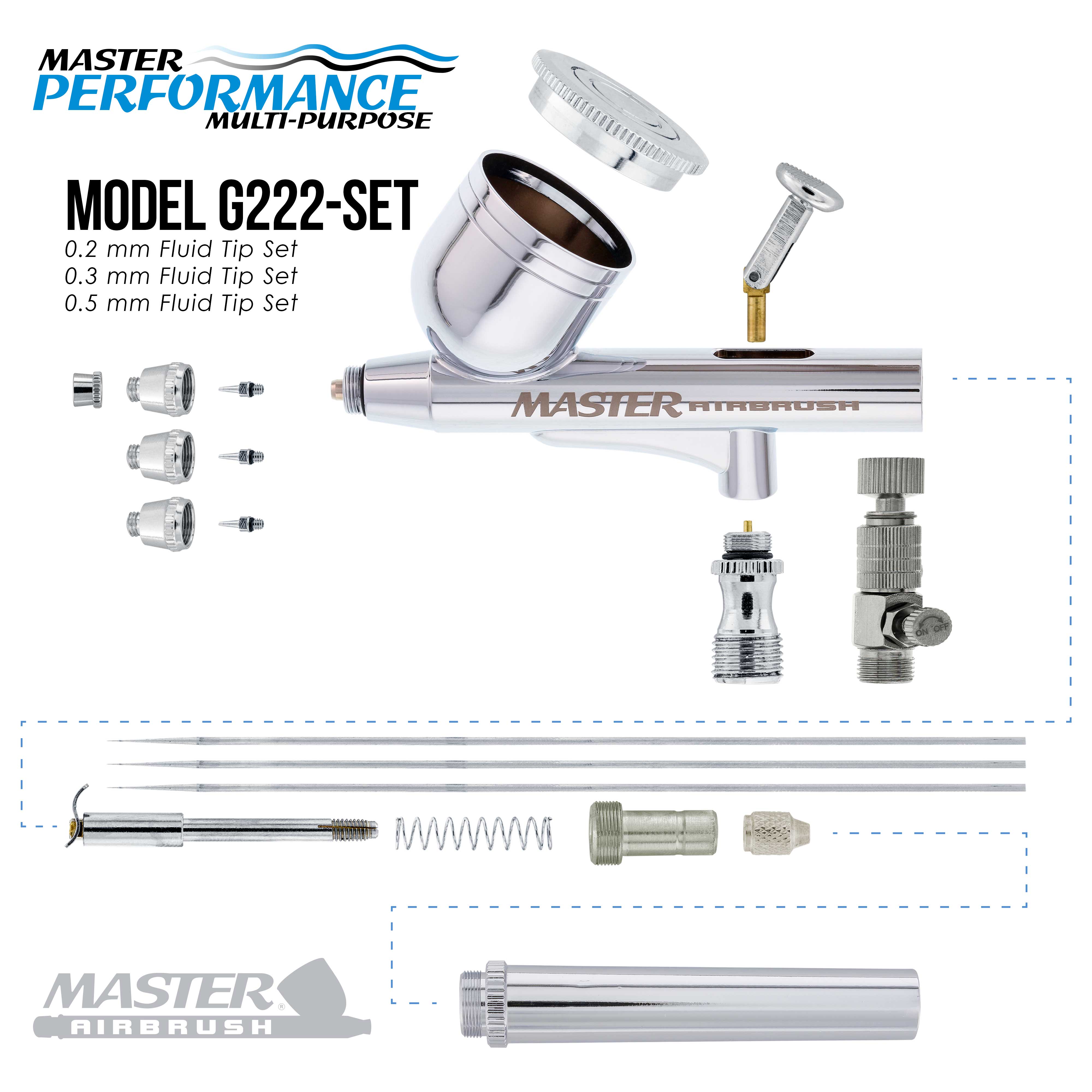 Master Airbrush Cool Runner II Dual Fan Air Tank Compressor System Kit with a Pro Set G222 Gravity Airbrush Kit with 3 Tips 0.2, 0.3 & 0.5 mm - Hose, Holder, How-to Guide - Hobby, Auto, Cake, Tattoo
