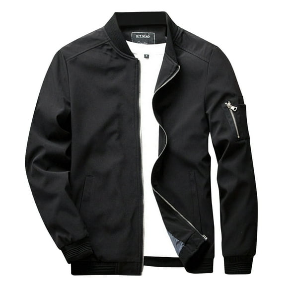 Men'S Casual Long Sleeve Solid Jacket Stand Collar Zipper Pocket Light Coat Men'S Casual Jackets Black L