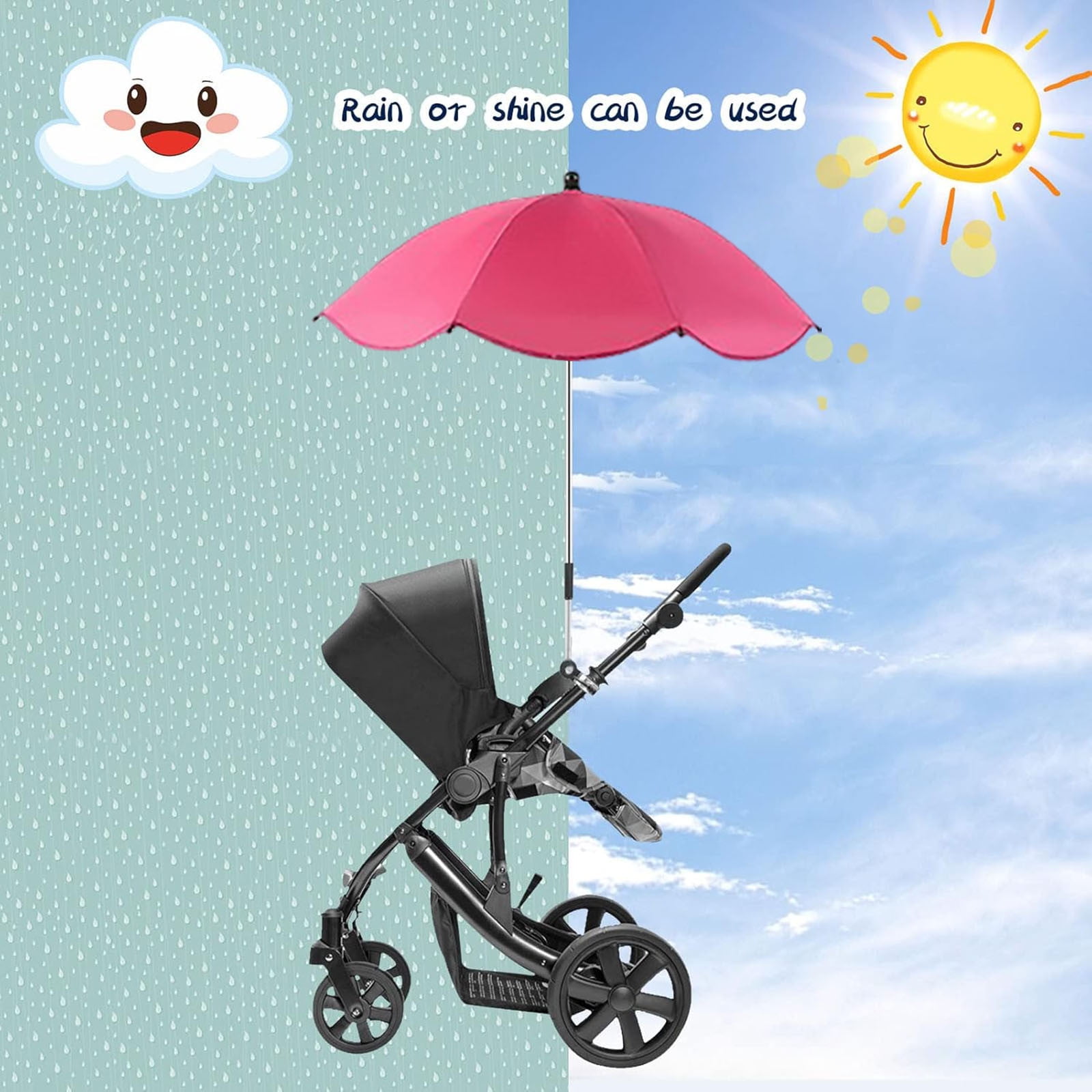 Universal Stroller Umbrella, UPF 50+ Baby Pram Parasol With 360° Rotatable Clip, For Strollers, Beach Chairs & Wheelchairs(Hot Pink)
