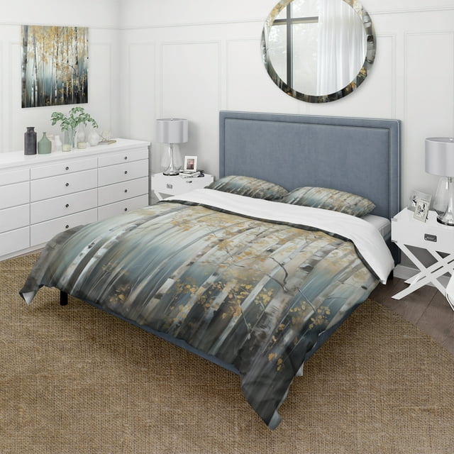 Designart "Dense Birch Tree Forest V" Tree Bedding Covert Set - Country Grey Landscapes Bed Set With 2 Shams