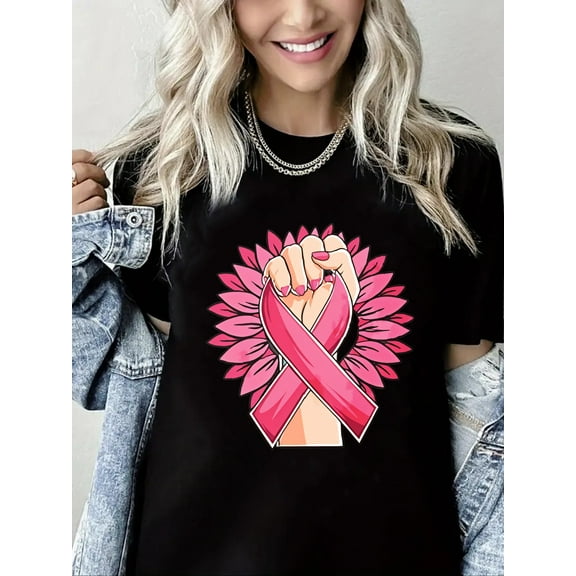 Pink Ribbon Print Breast Cancer Short Sleeve Shirt for Women