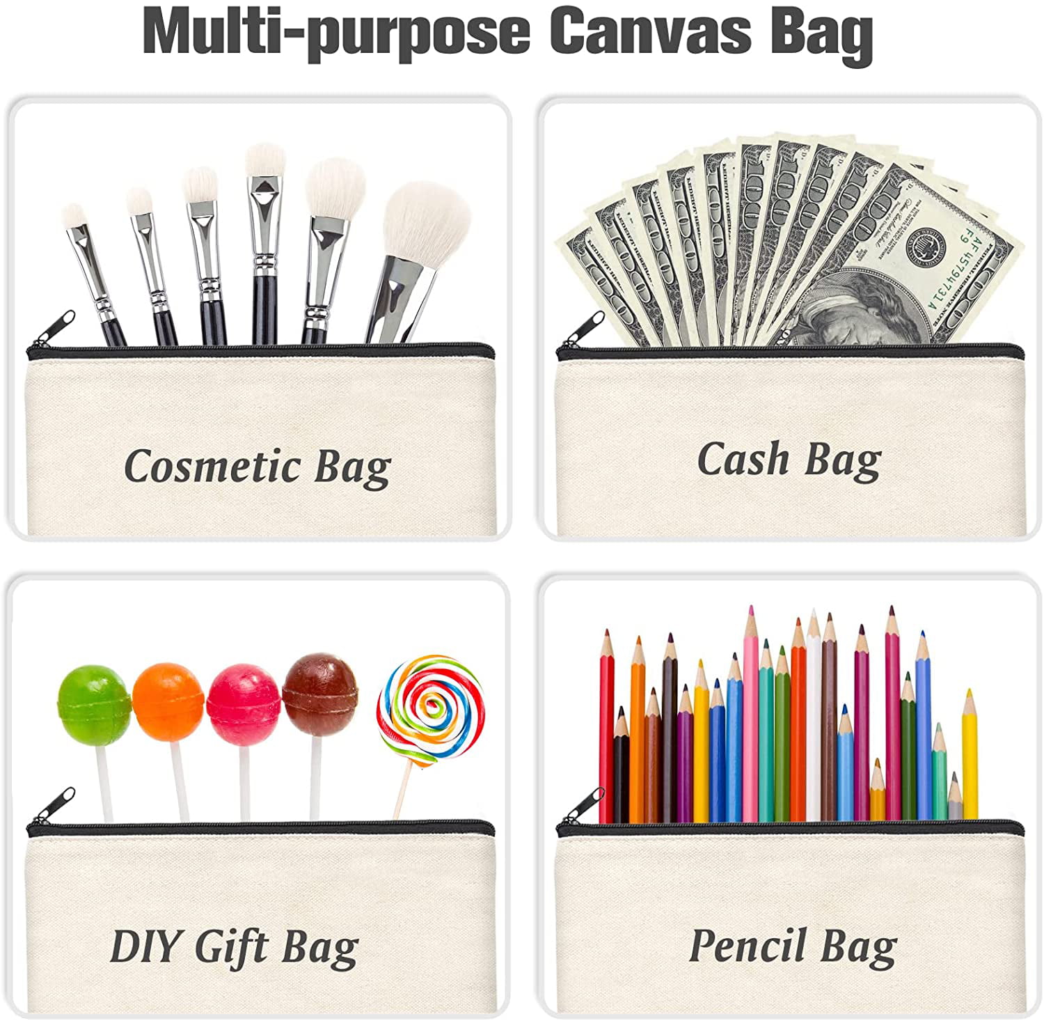 DIY Blank Canvas Cosmetic Makeup Zipper Bag (11 x 9 in, 6 Pack)