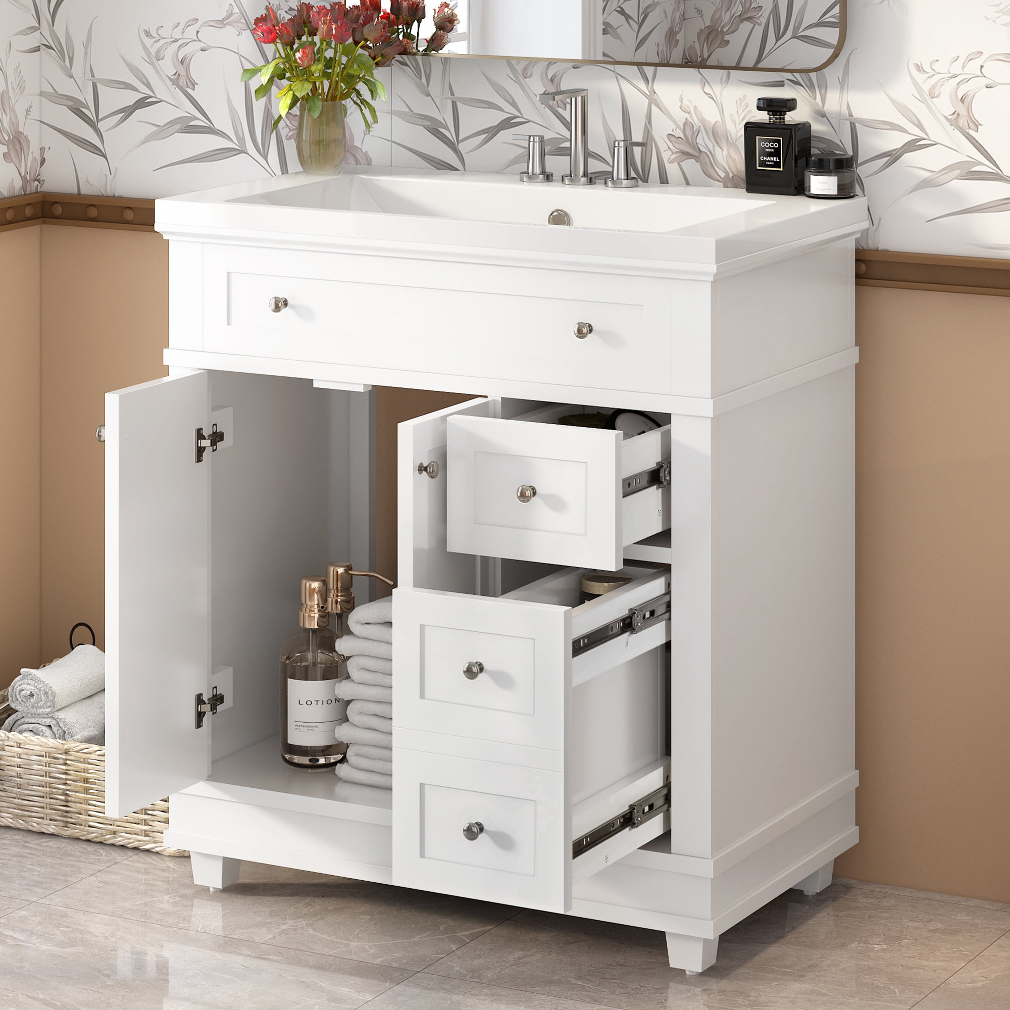 Euroco 30" Bathroom Vanity Cabinet with Sink Combo Set, Undermount Resin Sink, Free Standing Vanity Set with 2 Drawers& Soft Closing Doors, Solid Wood Frame Bathroom Cabinet, White