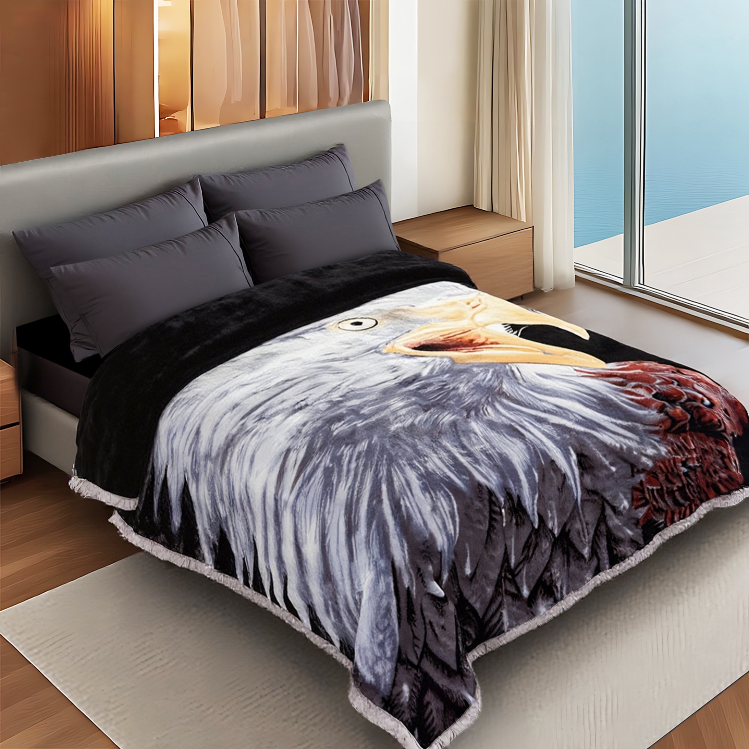10lbs Heavy Thick A&B Pattern Blanket 2Ply Reversible - Thick Warm Plush Korean Style Bed Blanket, King Size Fleece Plush Blanket, Soft Winter Blanket For Adult 87" x 95", Eagle & Lion