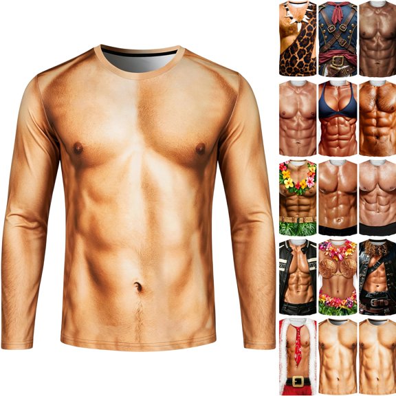 WULMLEO Fall T-Shirts for Men Fake Abs Crew Neck Long Sleeve Graphic Tees Shirt White L