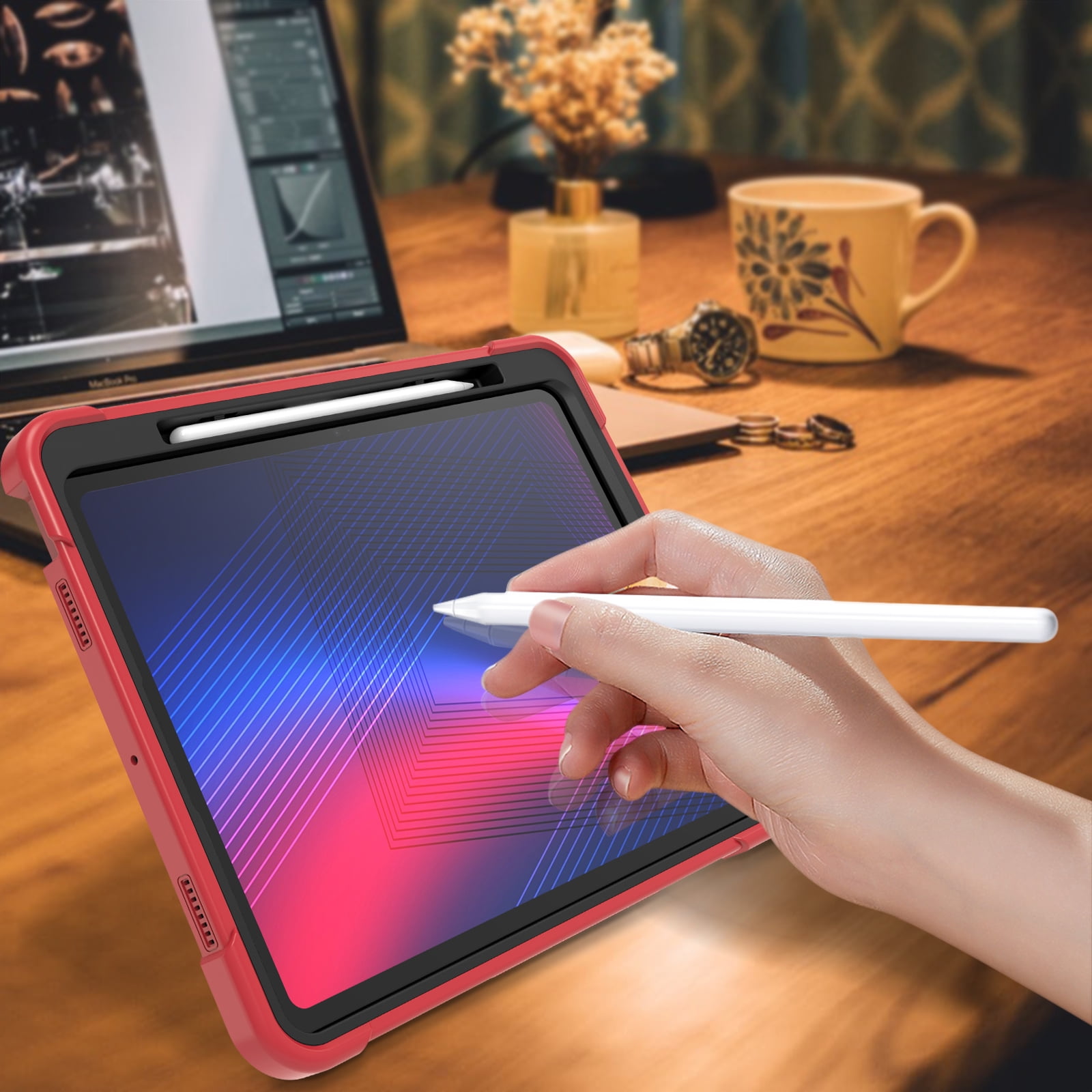 Allytechgroup Rugged Shockproof Case for Apple iPad Pro 13 M4 2024, Dual-Layers Kickstand Anti-Scratch Bumper With Pencil Holder Lightweight Kids Friendly Case Cover for iPad Pro 13" 2024, Red