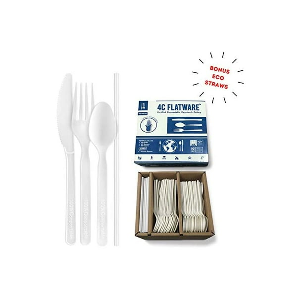 Compostable Cutlery 150pc White 7' durable Biodegradable Utensils, Bulk Disposable Silverware