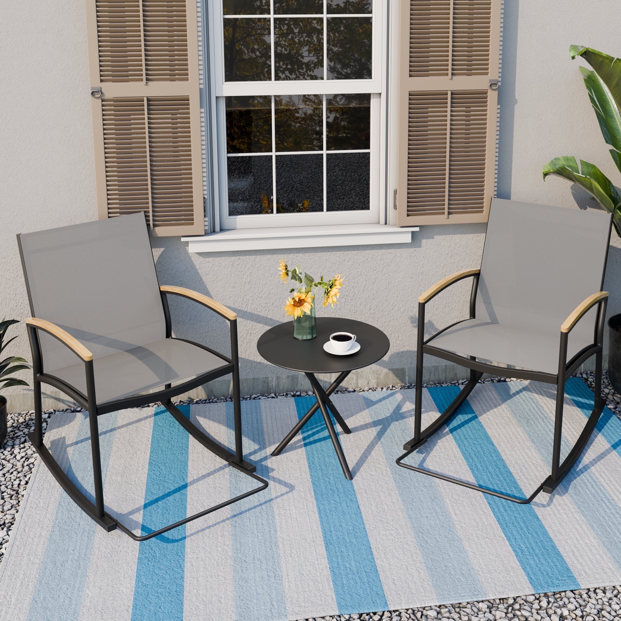 Walsunny Modern Rocking Bistro Set with Textilene Chair Conversation Sets, Light Gray Frame