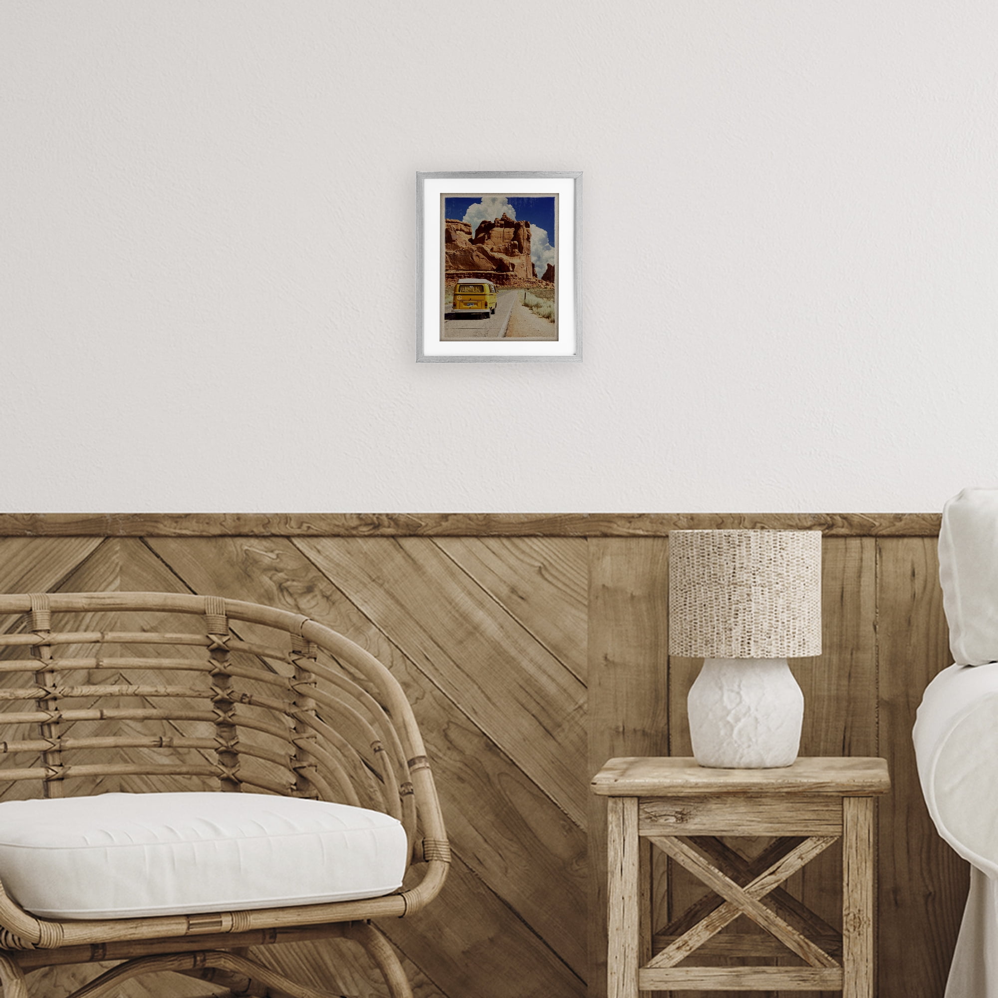 Retro Desert Adventure Gray Framed Print Under Glass, design by Old Red Truck