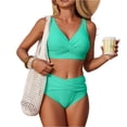thumbnail image 2 of JoveMarine Women's Ruched Two Piece Swimsuit Solid Color Bikini Set Tummy Control Beach Bathing Suit Bathing Suit For Womens Swimsuits Cyan 2XL, 2 of 9