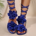thumbnail image 2 of Gladiator Sandals for Women Solid Color Flower Strappy Lace up Open Toe Flat Shoes Summer Beach Vacation Casual Footwear Blue Size 10.5, 2 of 7
