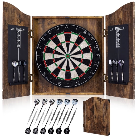 Yirinatek Sisal Dart Board Cabinet Sets, Decorative Dart Boards for Adults [12*Steel Darts] - Wooden Dartboard Cabinet with Integrated Scoreboard for Family Game Rooms [Vintage]