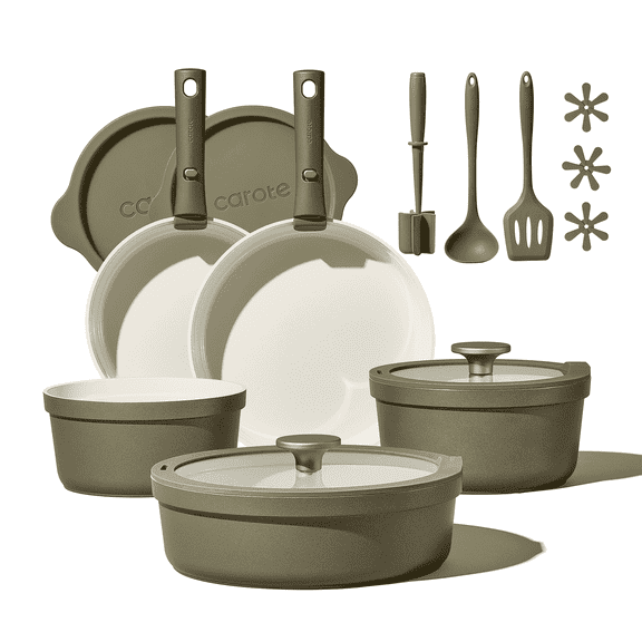 Carote 21 Pcs Ceramic Nonstick Cookware Sets, Pots and Pans with Detachable Handle, Oven Safe, Induction Cookware, Stackable Kitchen Set, Green