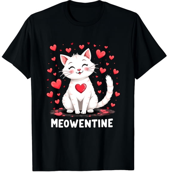 Meowentine Cute Cat Valentines Day Men Women Cat Dad Cat mom Graphic Black T-Shirt for Men and Women