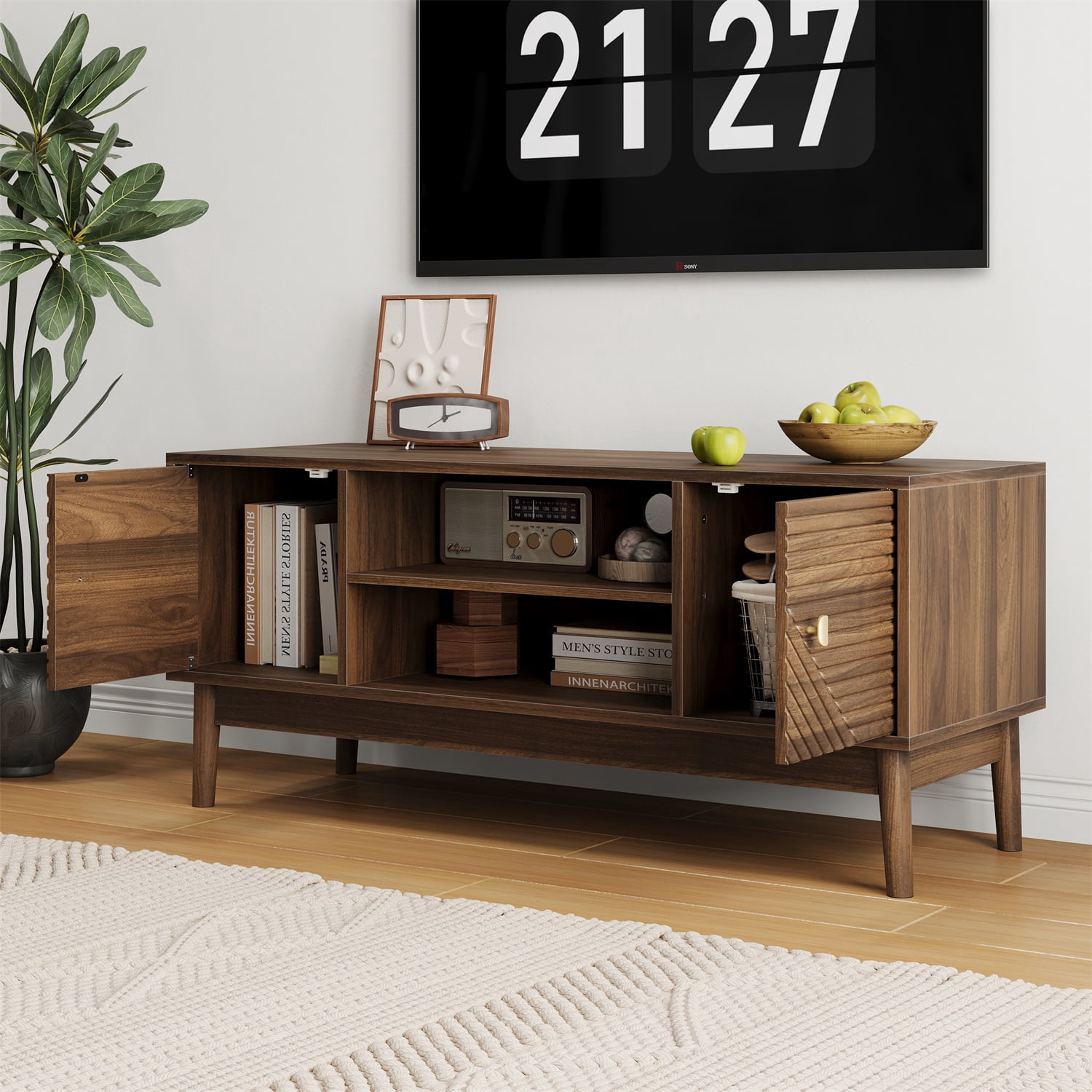 Hommoo Modern 43"W TV Stand with Storage Shelves, Media Console Table Entertainment Center for Living Room and Bedroom, Walnut