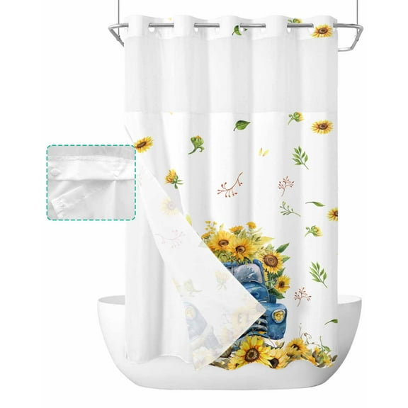 No Hook Shower Curtain with Snap in Liner, Summer Blue Truck with Sunflowers Hotel Shower Curtains for Bathroom, Washable Shower Curtain Liner Set with Mesh Top Window, 36"x78"