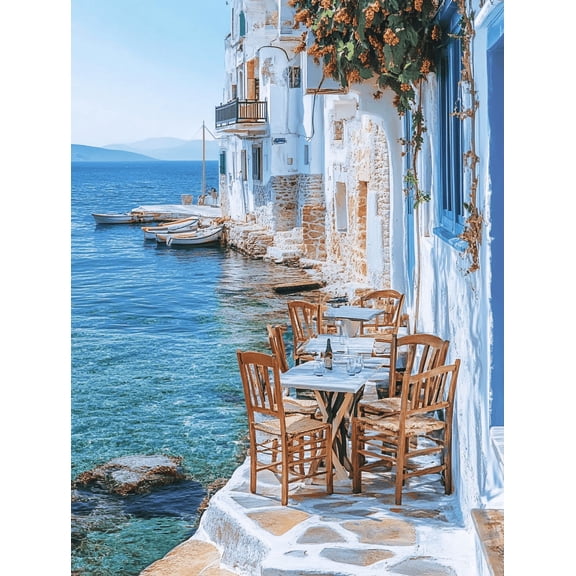 Greek Seaside Cafe Wall Art Canvas Print， Perfect for Living Room，Dining Room， Kitchen， and Office Decor