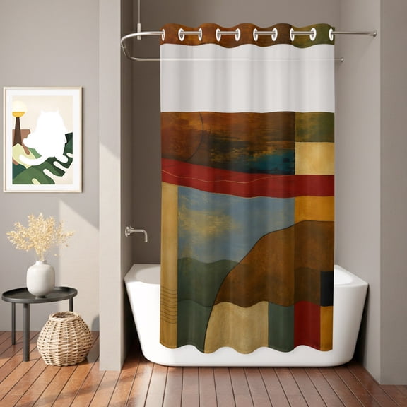 Abstract Color Block No Hook Shower Curtain with See Through Top Window,Mid-century Geometric Style Waterproof Shower Curtains for Home Hotel Bathroom Decor,36x72in
