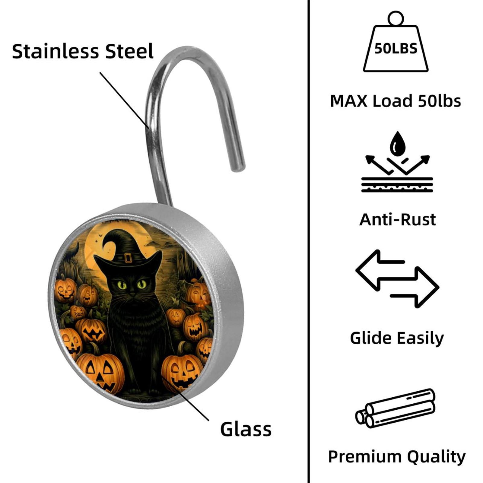12pcs Decorative Shower Curtain Hooks, Rust Resistant Shower Rings for Bathroom Living Room,Rustproof Stainless Steel Rings for Shower Curtain and Liner Rods,Halloween Cat S