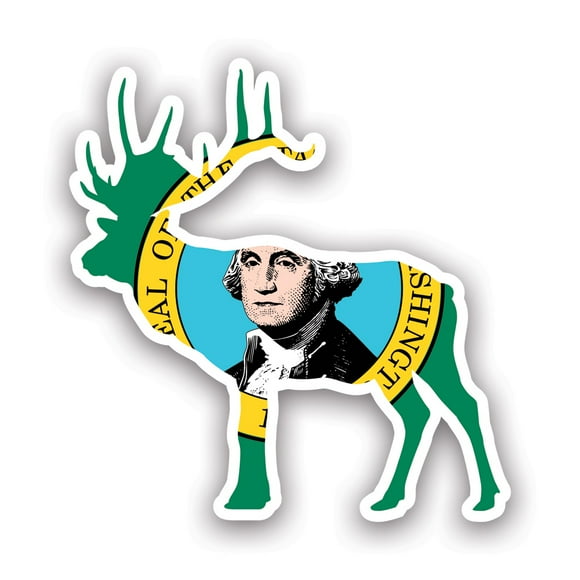 Washington Deer Shaped Flag Sticker Decal - Self Adhesive Vinyl - Weatherproof - Made in USA - v2 stag hunter hunting archery antlers outdoors explore