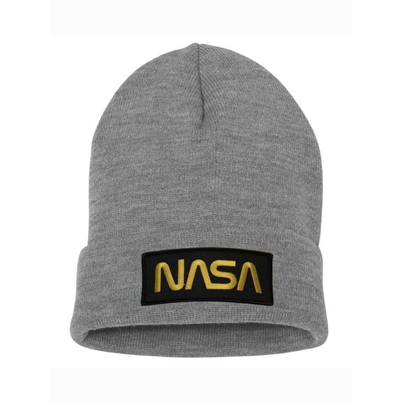 Top Headwear NASA Beanie - Men's Womens Long Winter Cuff Beanie Cap Gold Logo, Heather Grey