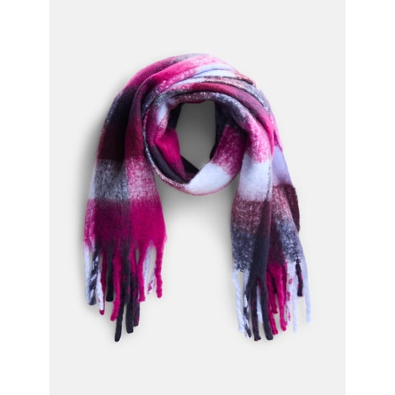 Scenario Women's Square Plaid Scarf with Fringe Trim