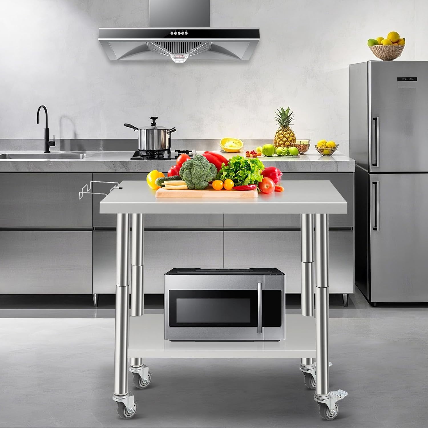 Tuekys Stainless Steel Table with Hooks,Metal Prep Table with Backsplash & Adjustable Undershelf,Curved Edge,Heavy Duty Food Prep Worktable for Home