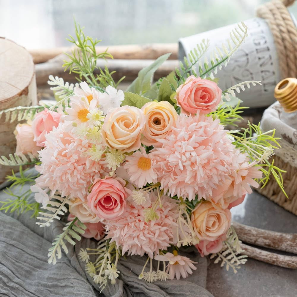 KIRIFLY Artificial Flowers, Fake Rose Silk Bouquet Decor Plastic Daisy Flower Arrangements Wedding Decoration Table Centerpieces 3 Packs (Pink Champagne)