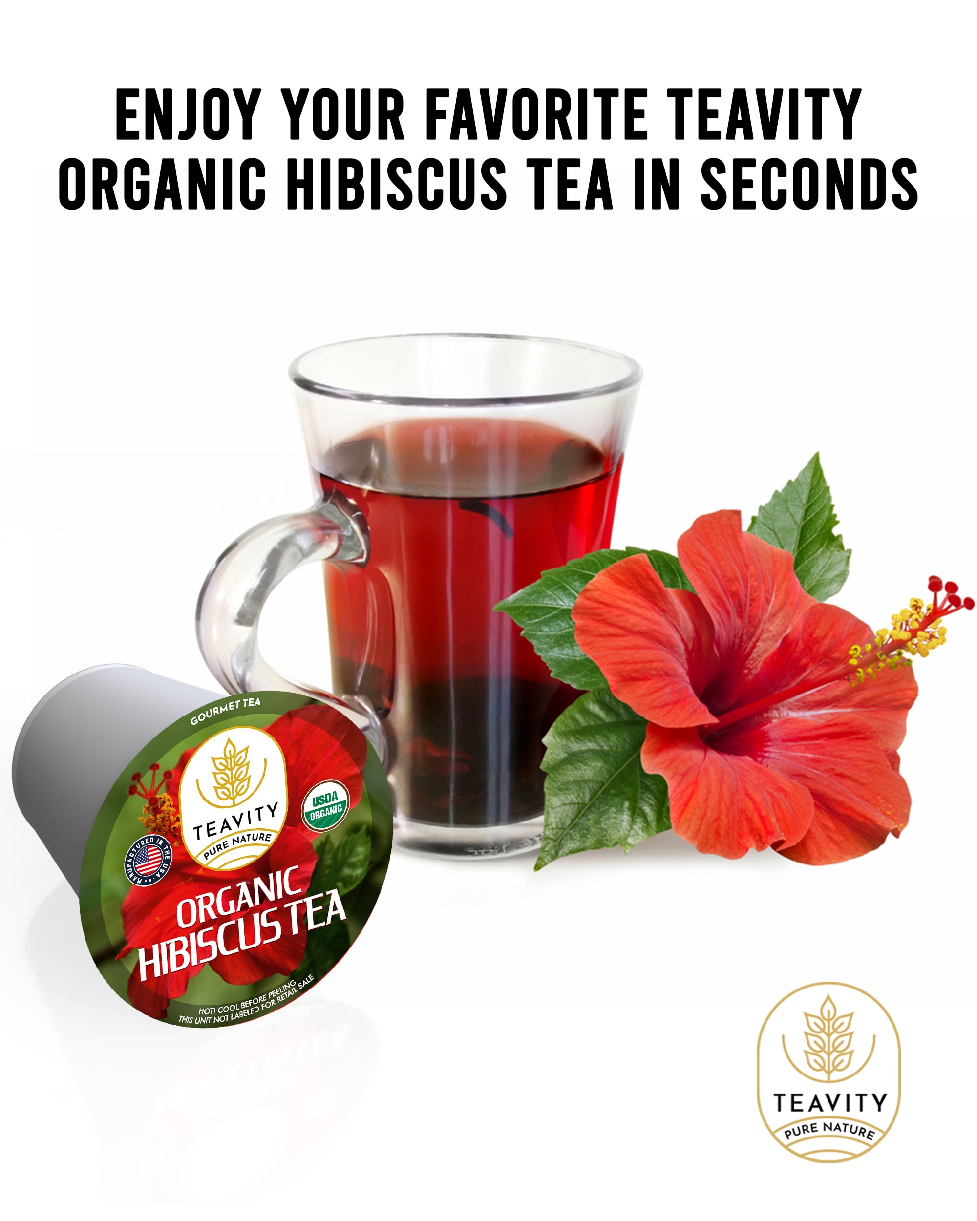 Organic Hibiscus Sabdariffa Tea Pods for Keurig Brewers by Teavity - Naturally Decaffeinated, 24 Tea Pods