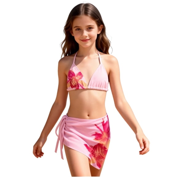 Weebloom Girl Swimsuit Floral Print Bikini Swim Two Piece Bathing Kids Summer Beach Swimwear Pink Size 11-12 Years