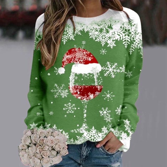 TIMIFIS Chandail en Molleton Oversize de Noël pour Femmes Décontracté Mignon Verre de Vin Rouge Flocon de Neige Imprimé Col Rond Pull Cadeaux pour Noël