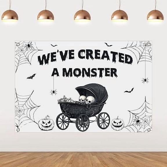 Halloween Monster Baby Shower Backdrop 5x3ft, We've Created A Monster Backdrop Gothic Skull Spider Web Bat Background Black White Scary Photo Booth Prop Gender Reveal Decor