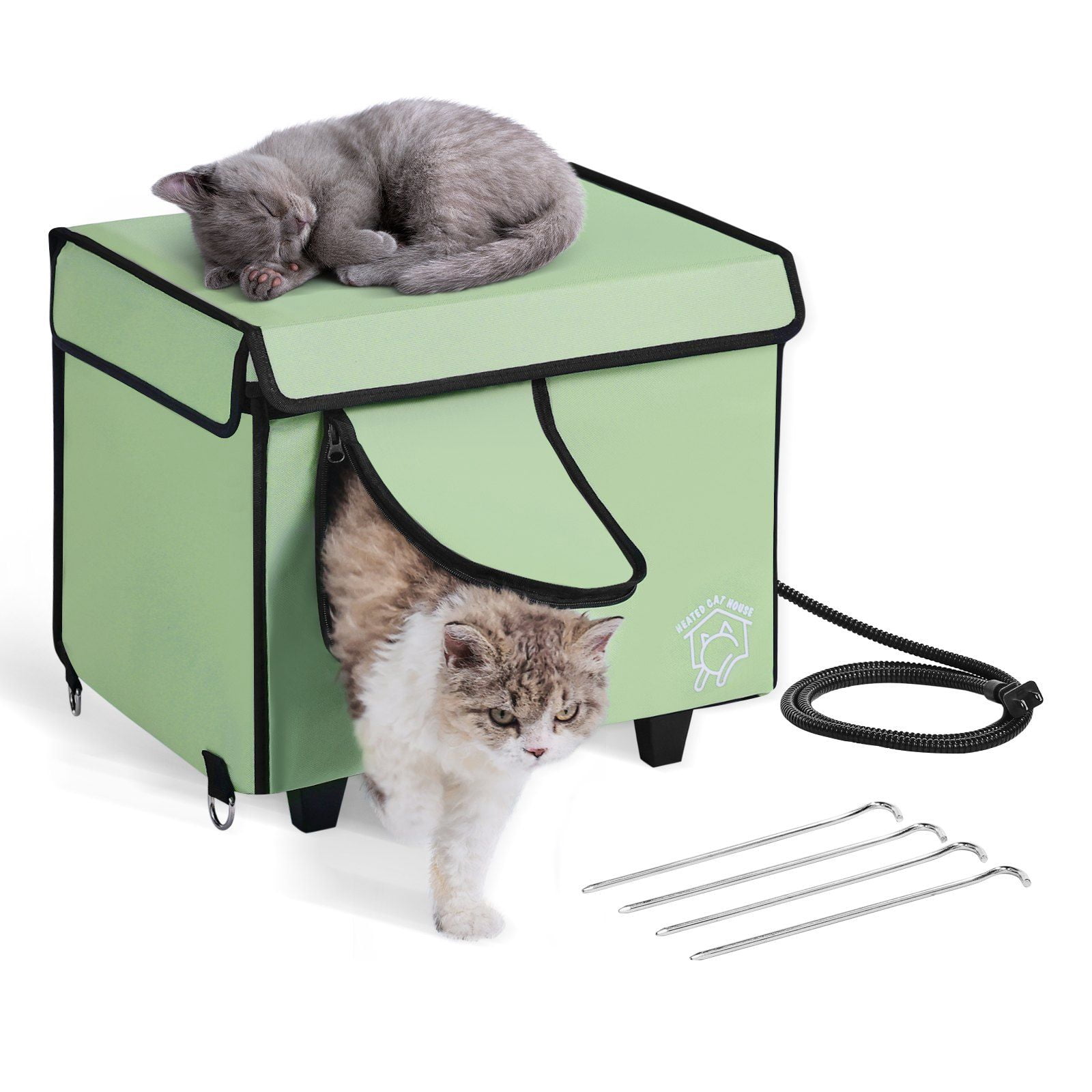Outdoor Heated Cat House with Weatherproof Cover & Detachable Heated Pad – Insulated Winter Shelter for Pets (Green, Small)