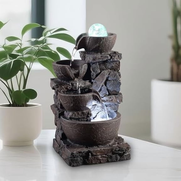 Indoor Tabletop Fountain with 4-Tier Stone Bowls, Rolling Crystal Ball & LED Lights – Tranquil Waterfall Decor for Home, Office or Zen Space (23066)$$Home Decor, Kitchen, & Other
