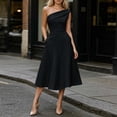 thumbnail image 2 of Ovbmpzd Tea-Length Summer Dresses for Women Black Wedding Guest Elegant Party Dresses One Shoulder A-Line Formal Dresses With Pockets,S, 2 of 5