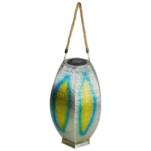 Northlight 15.5" Silver Floral Outdoor Hanging Solar Lantern with Jute Handle