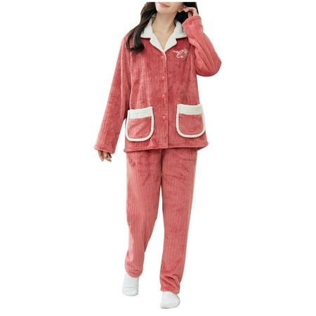 

Women s Coral Fleece Pajamas Sets Flannel Sleepwear Soft Comfy Pajamas Set Warm Loungewear 2 Piece Pjs Set with Pockets Womens Clothes