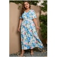 thumbnail image 3 of AURA Plus Size Retro Geometric Maxi Dress V Neck Short Sleeve Elastic Waist Pleated Long Dress with Side Slit for Spring, 3 of 5