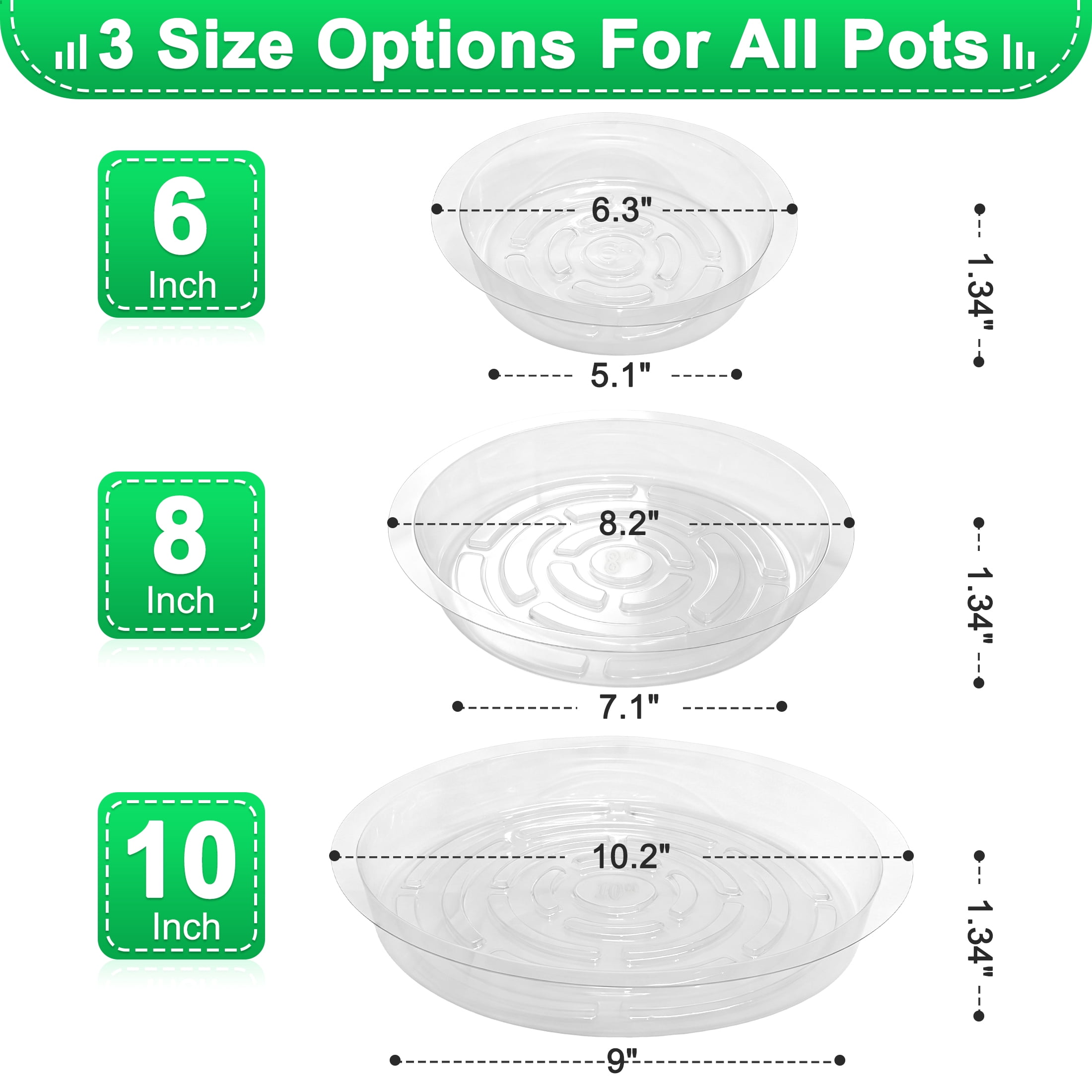 15 Pack Clear Plant Saucers, 6 8 10 Inch Plastic Flower Pot Saucers with Plant Labels, Heavy Duty Plant Drip Trays with Anti‑Slip Ridges, Plant Pot Saucer for Indoor Outdoor Pots
