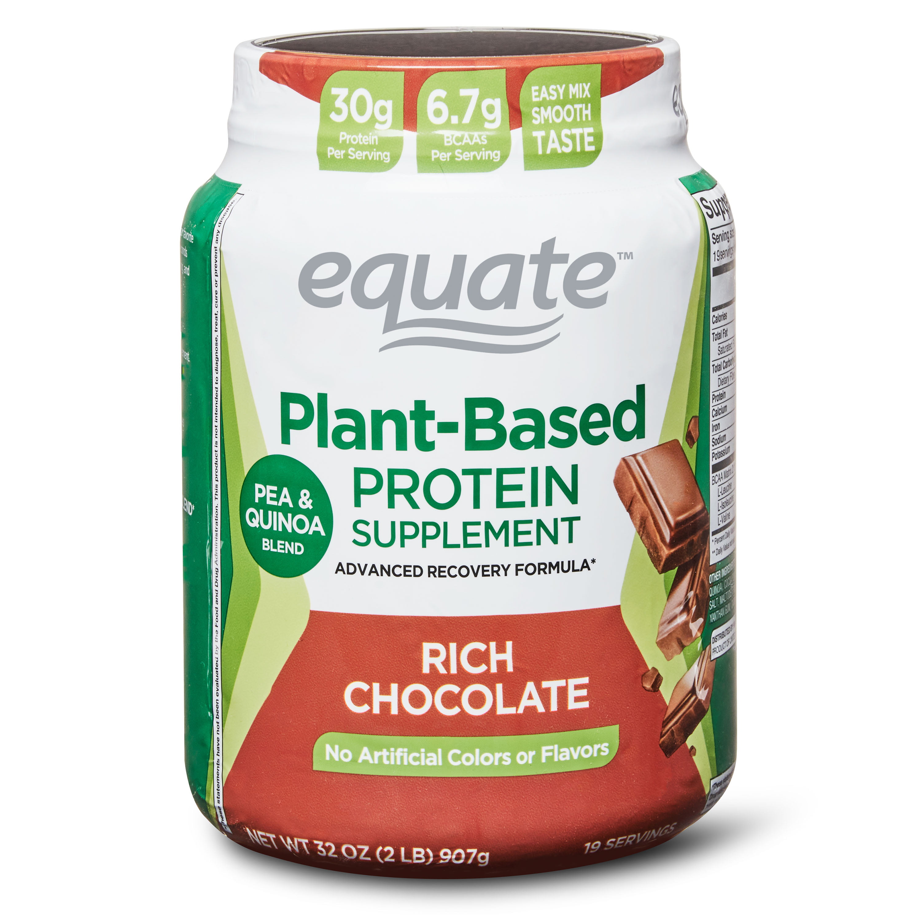 Equate Plant Based Protein Supplement, Rich Chocolate | Advanced Recovery Formula with Pea & Quinoa Blend. 6.7 grams of Bcaa's per serving, 30 grams of Protein per serving | 2 LBs of plant protein