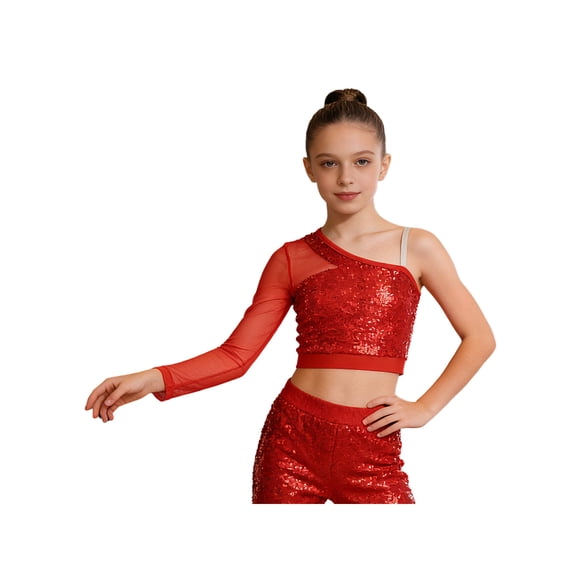 Raenseen Kids Girls One Shoulder Long Sleeve Shiny Sequins Dance Crop Top Gym T-Shirt Ballet Gymnastics Jazz Dancewear Red 12